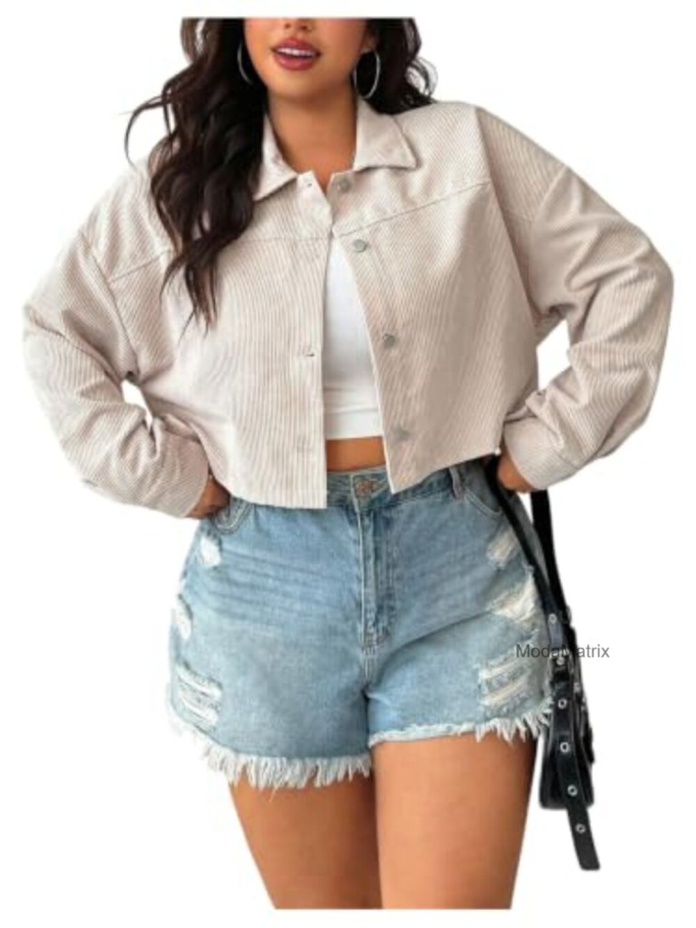 SOLY HUX Women's Plus Size Corduroy Cropped Shacket Button Front Long Sleeve